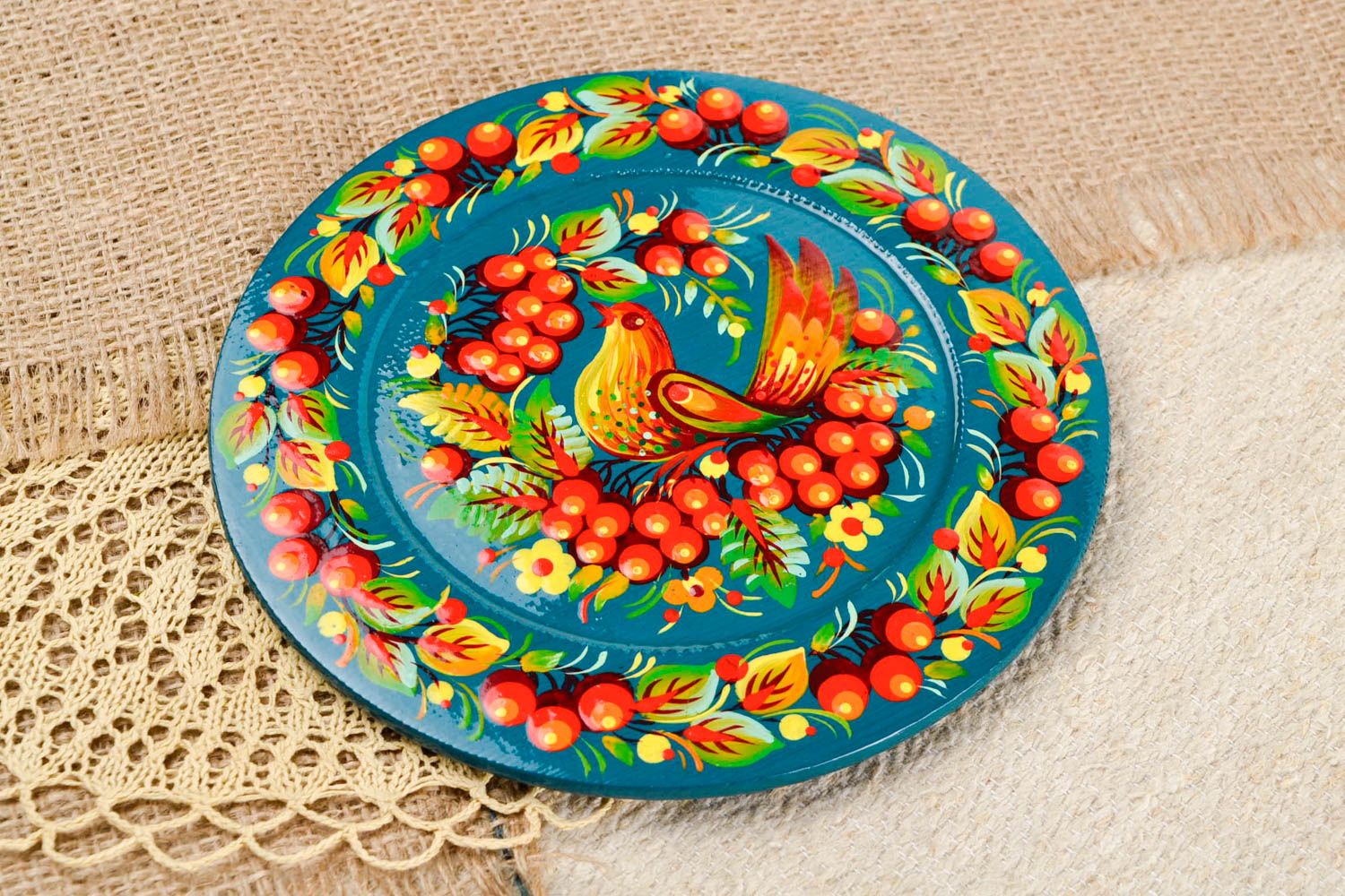 Assiette décorative fait main Décoration murale bleue avec oiseau Vaisselle déco photo 1