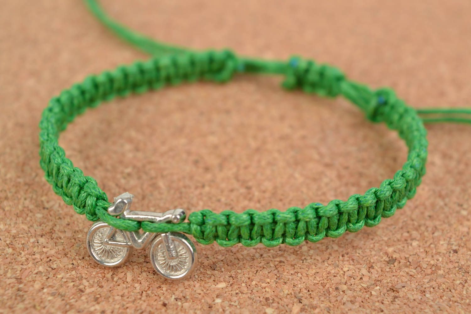 Handmade braided unisex stylish cord bracelet with charm Green Bicycle  photo 1