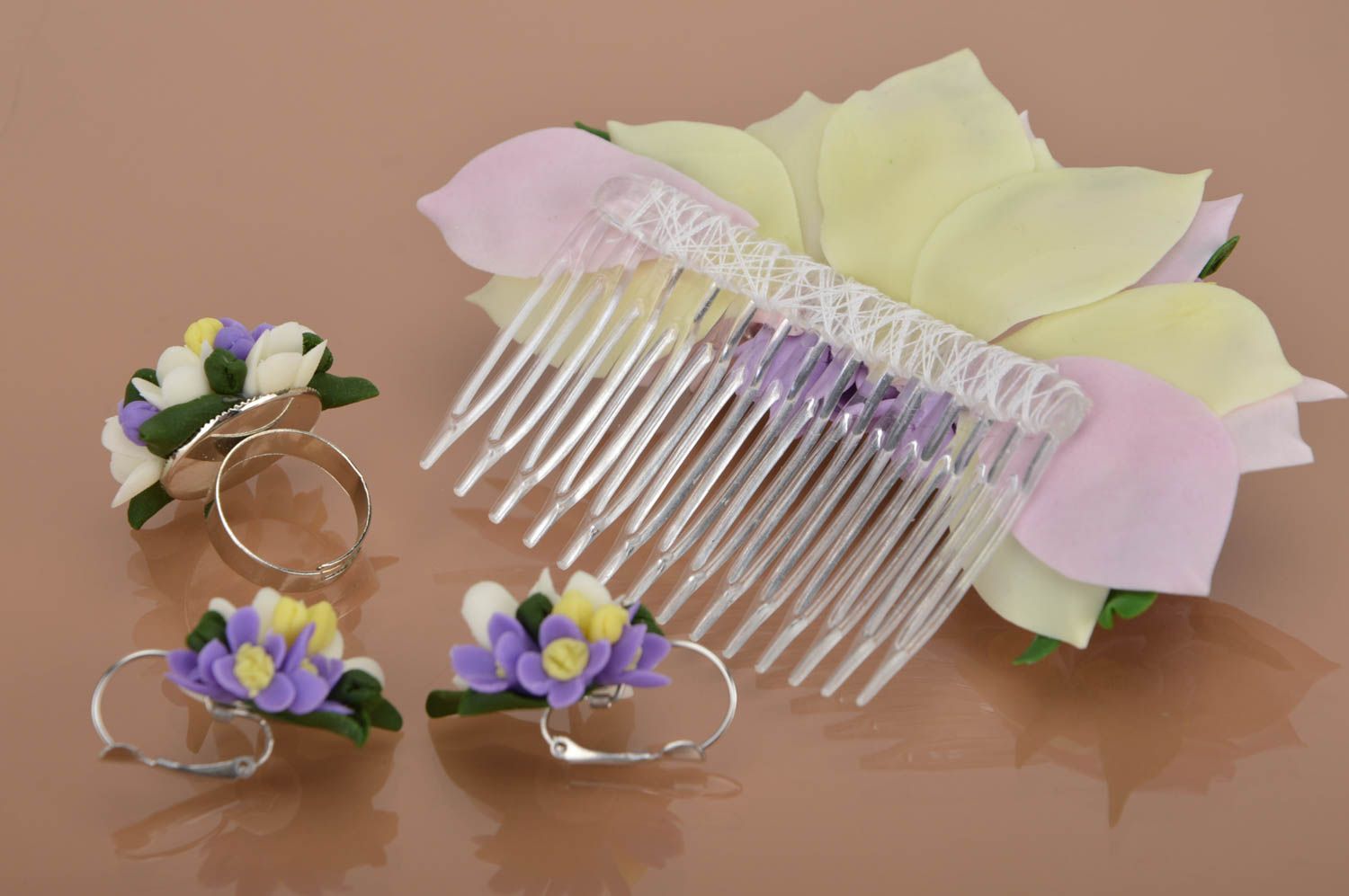 Handmade set of jewelry made of polymer clay 3 pieces ring earrings and comb photo 5