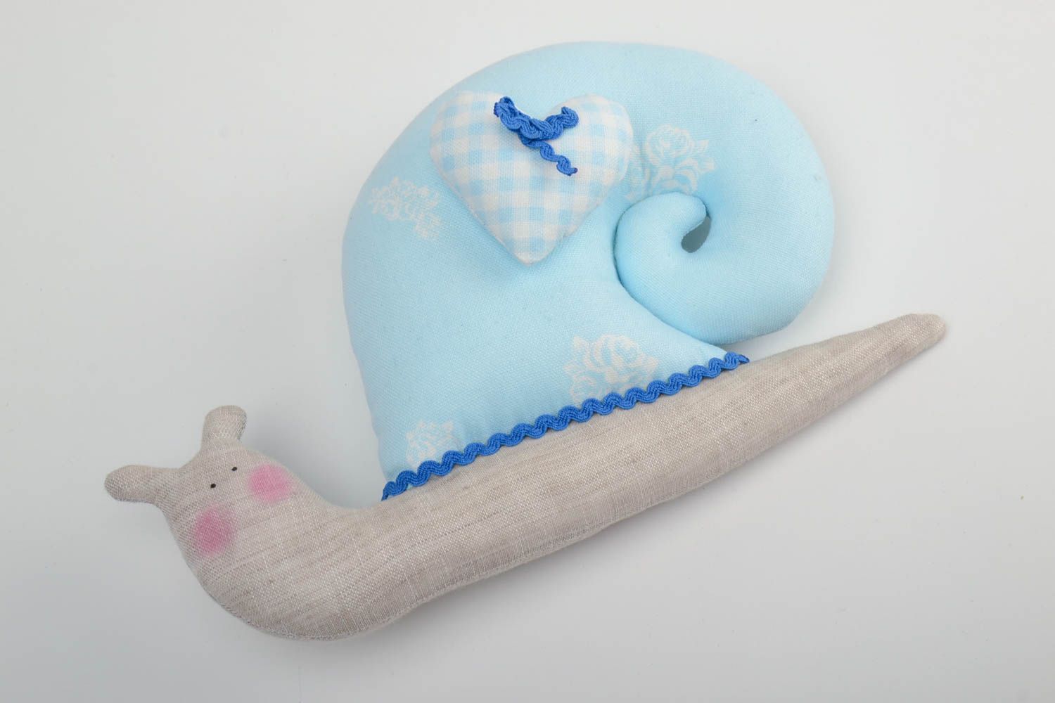 Blue handmade cotton fabric soft toy snail for interior and children photo 2