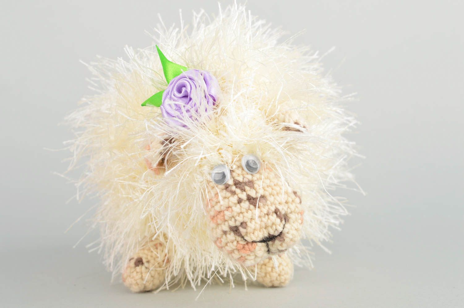 Handmade small fluffy soft toy crocheted of acrylic threads beige lamb  photo 2