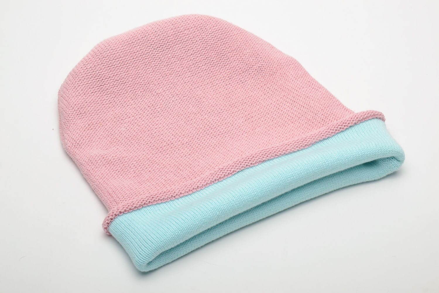 Bonnet tricoté en laine menthe rose fait main photo 5