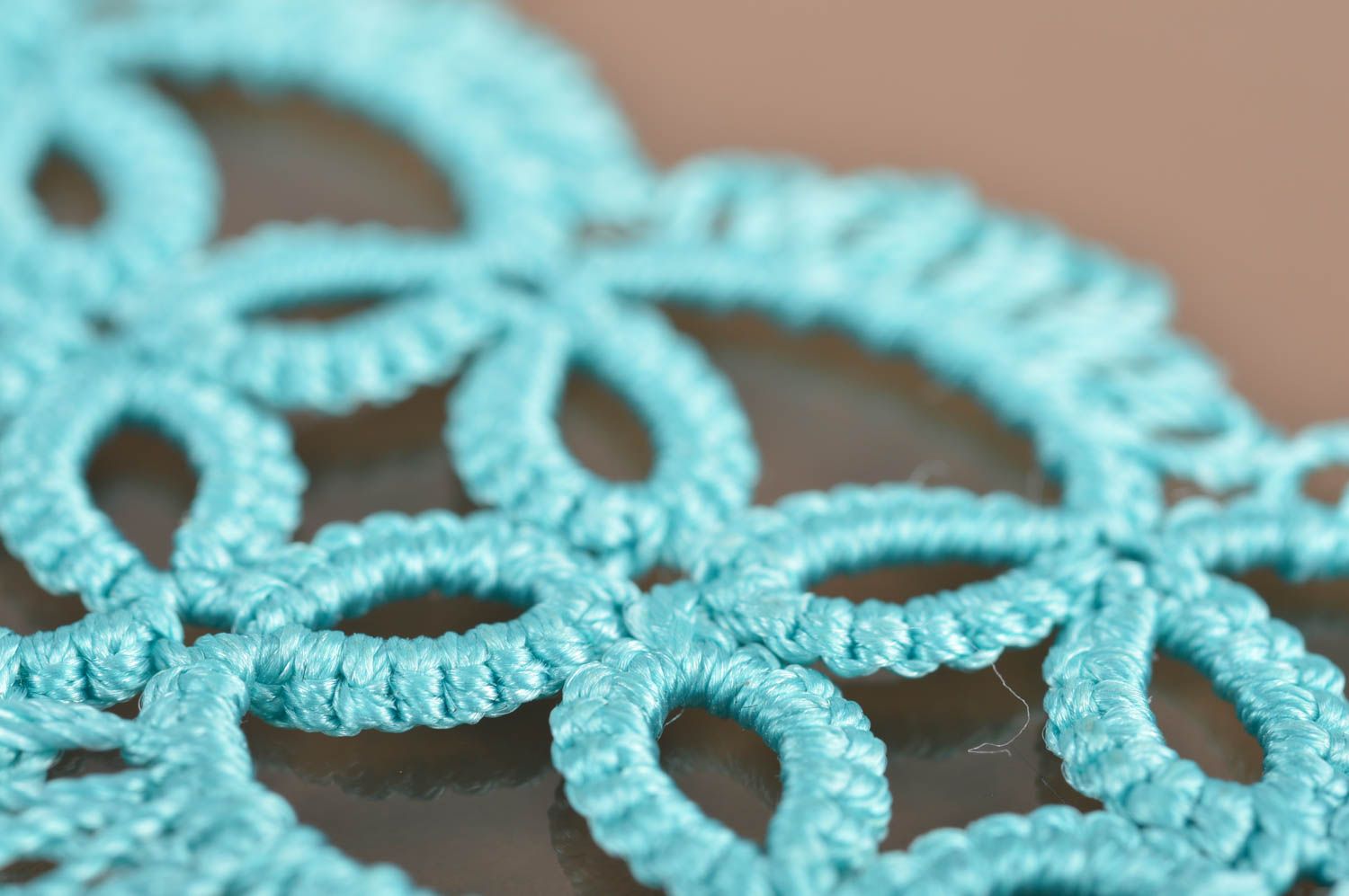 Beautiful homemade designer woven lace wrist bracelet of turquoise color tatting photo 5