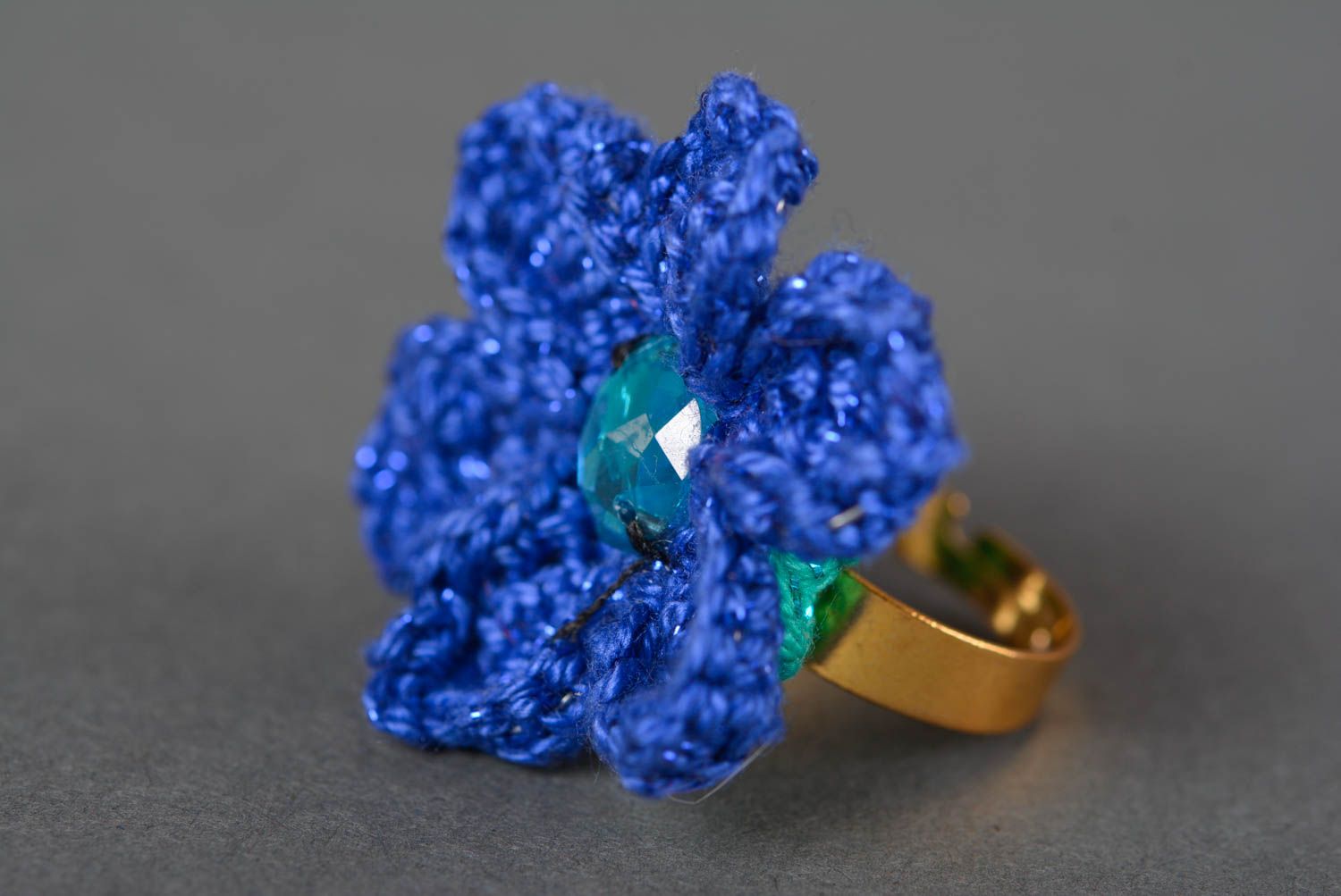 Handmade Ring mit Blume Häkel Accessoire Damen Schmuck modisch dunkelblau foto 5