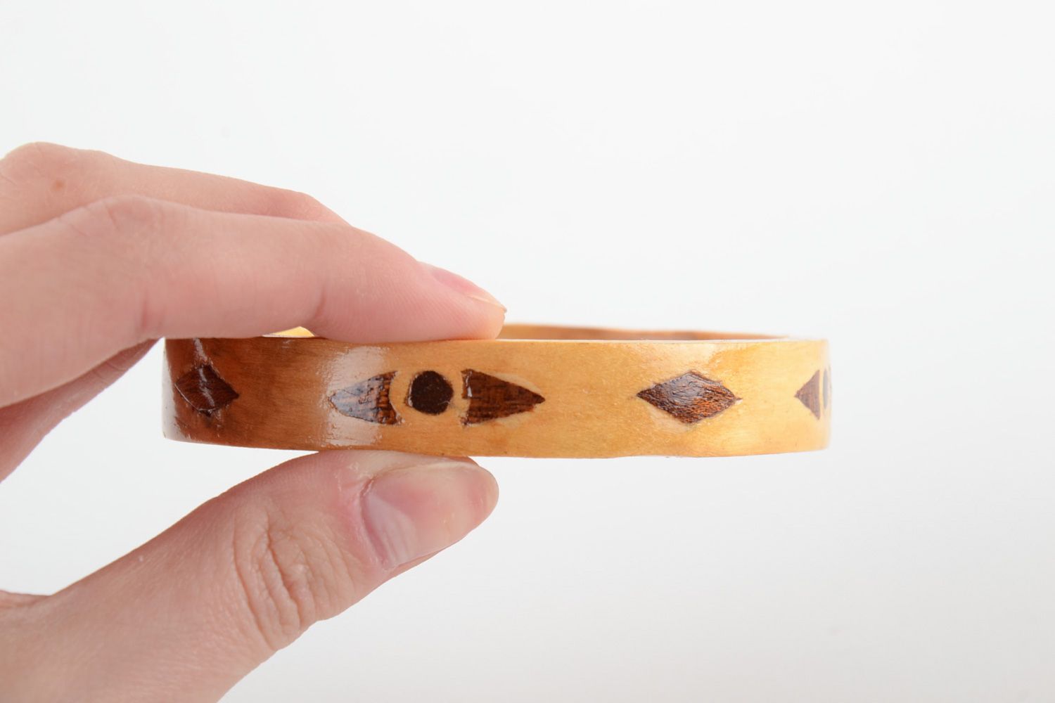 Thin light handmade varnished wooden wrist bracelet with inlay for women photo 5