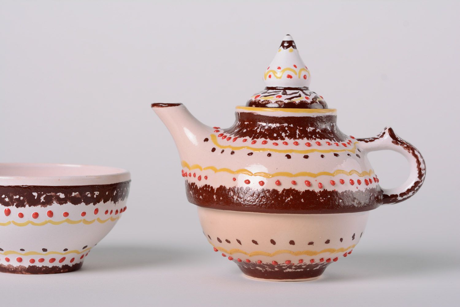 Handmade decorative glazed ornamented ceramic tea set for one teapot and cup photo 5