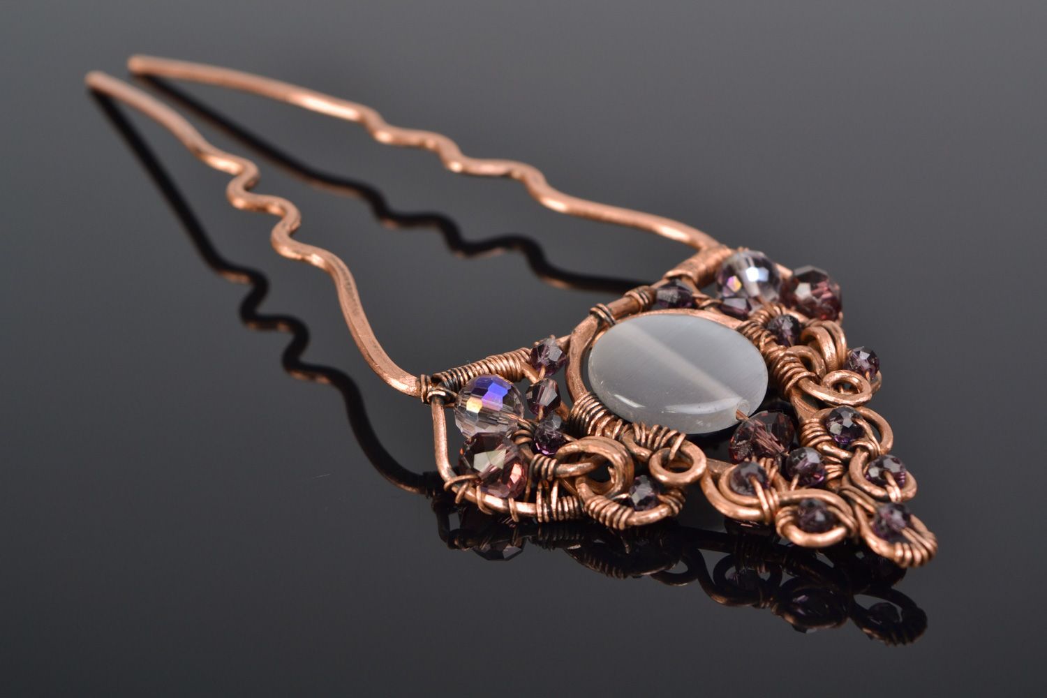 Handmade vintage wire wrap copper hair pin with natural cat's eye and crystal  photo 1
