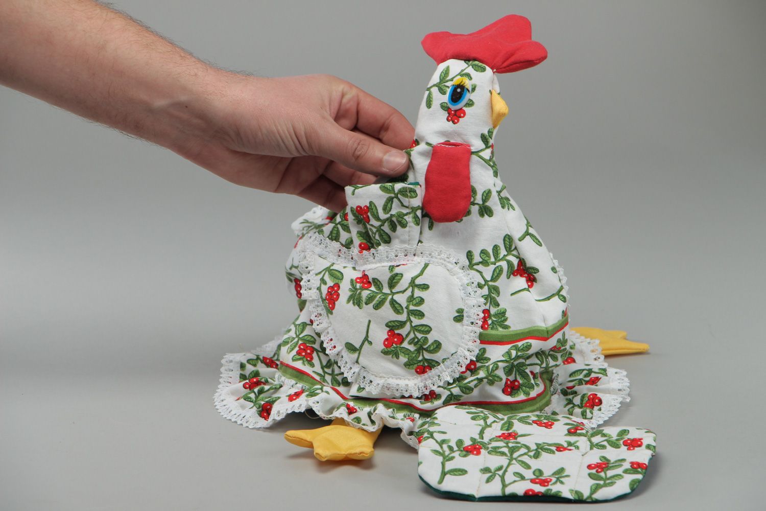 Handmade motley fabric tea pot cozy in the shape of chicken and hot pot holder  photo 4
