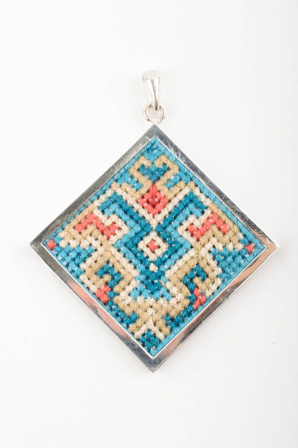 Handmade rhombus pendant embroidered fabric pendant silver woman accessory photo 1