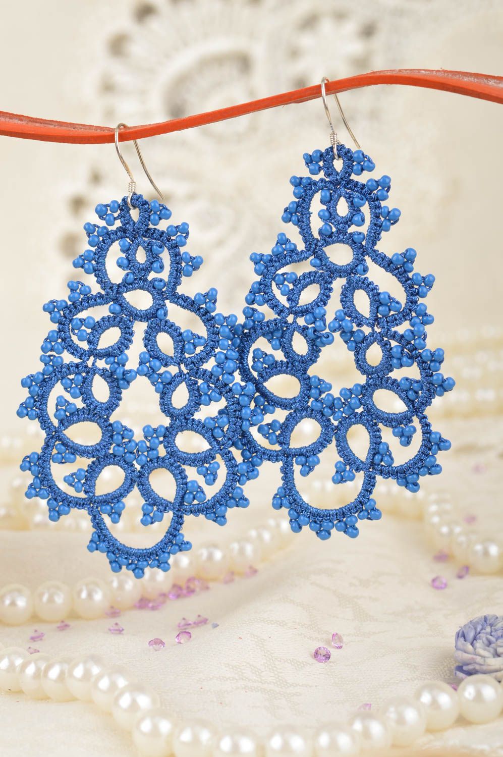 Large beautiful blue handmade tatting lace earrings with beads designer jewelry photo 1