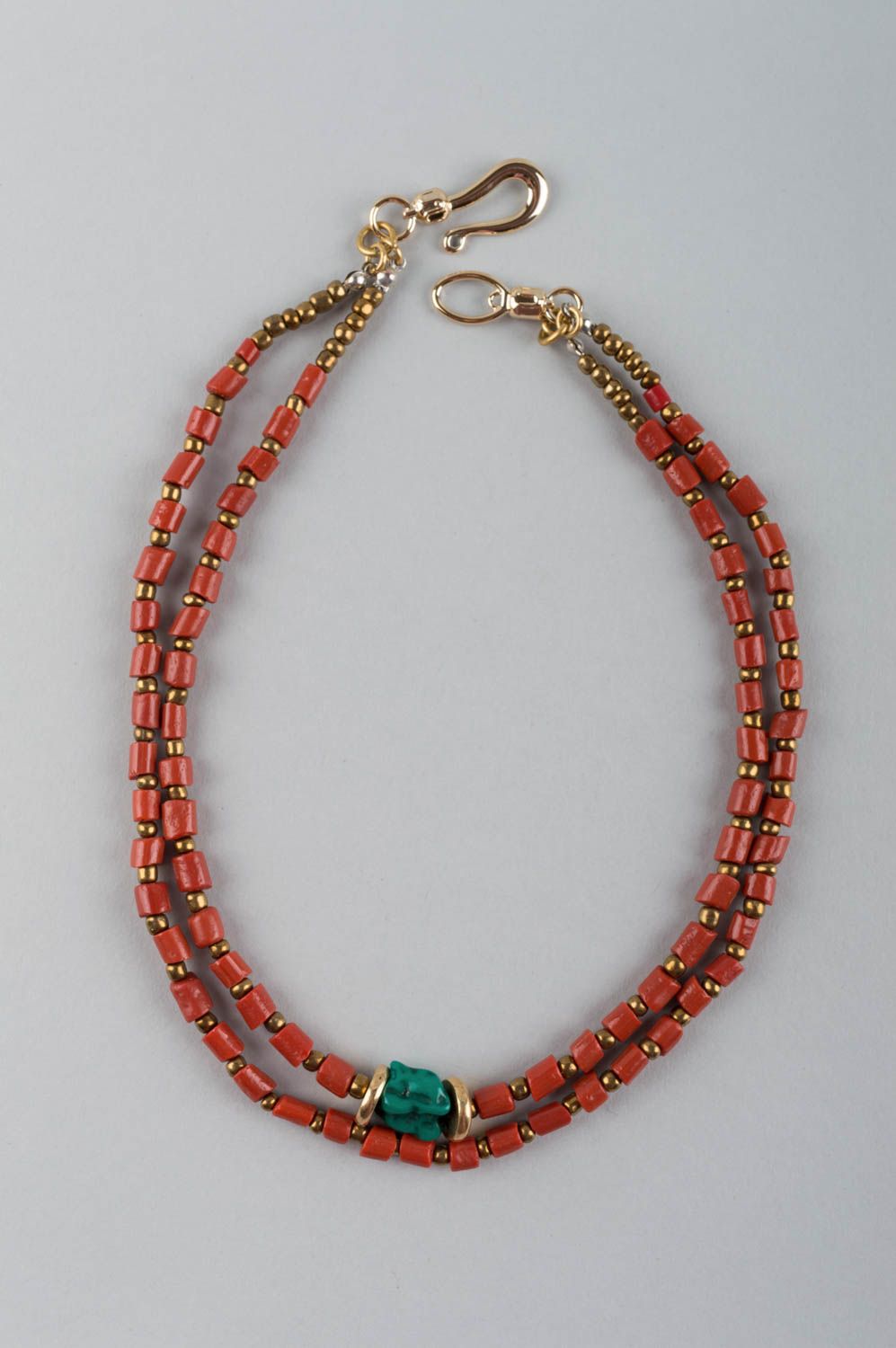 Handmade two row designer bead necklace with coral and turquoise stone for women photo 2