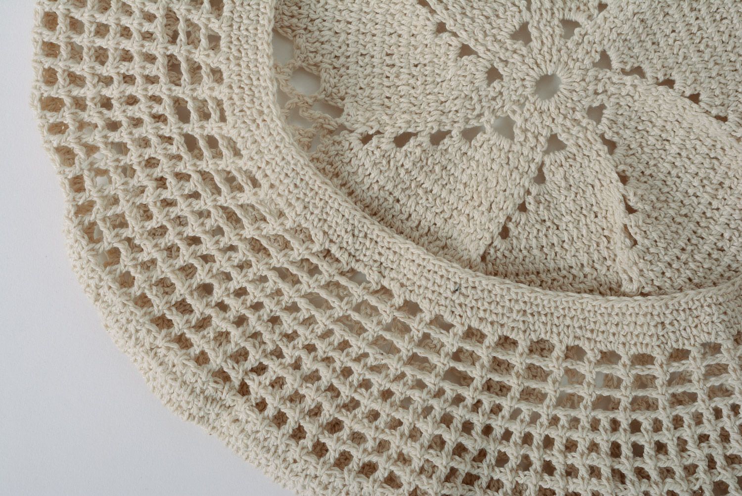 Tender lacy handmade beret hat crocheted of beige cotton threads for women photo 4