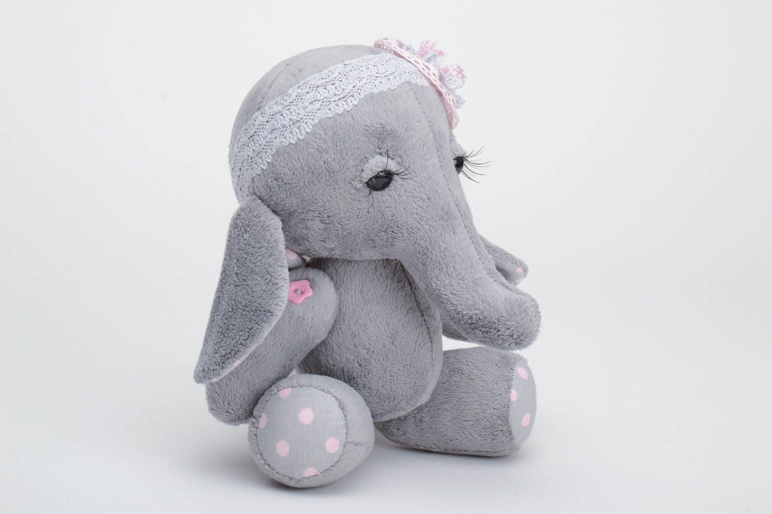 Handmade small cotton fabric soft toy cute gray elephant with lacy headband photo 2