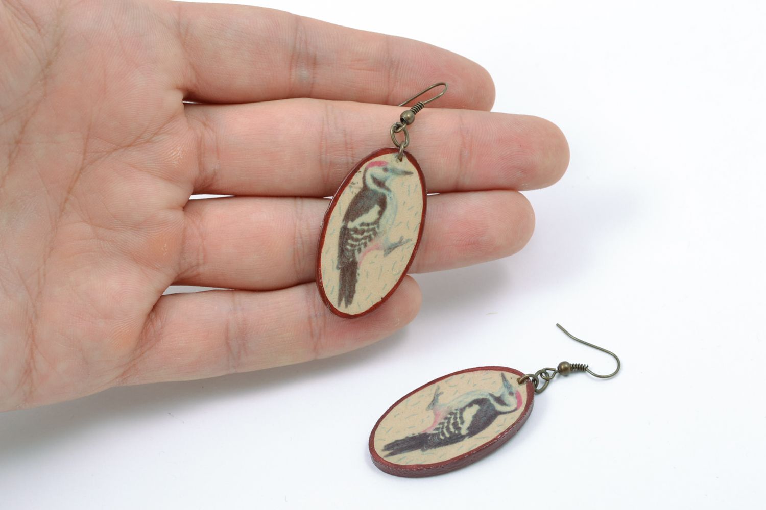 Handmade wooden earrings with drawing photo 2