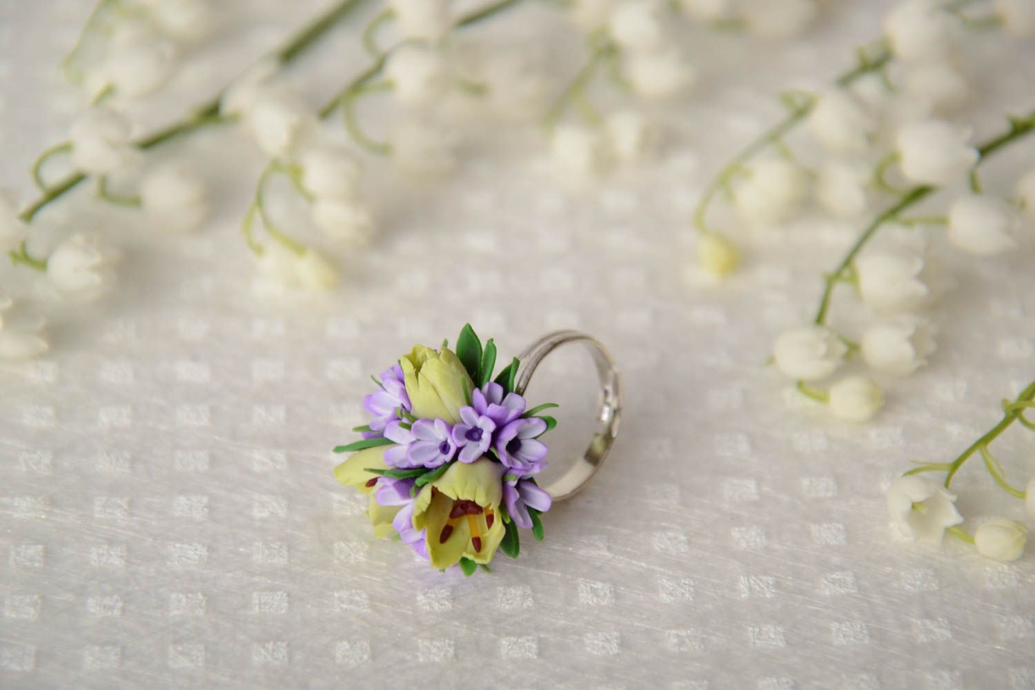 Handmade volume tender violet polymer clay floral ring with metal basis  photo 1