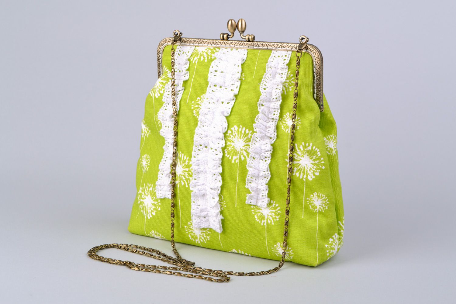 Handmade women's cotton handbag in boho chic style of yellow green color  photo 1