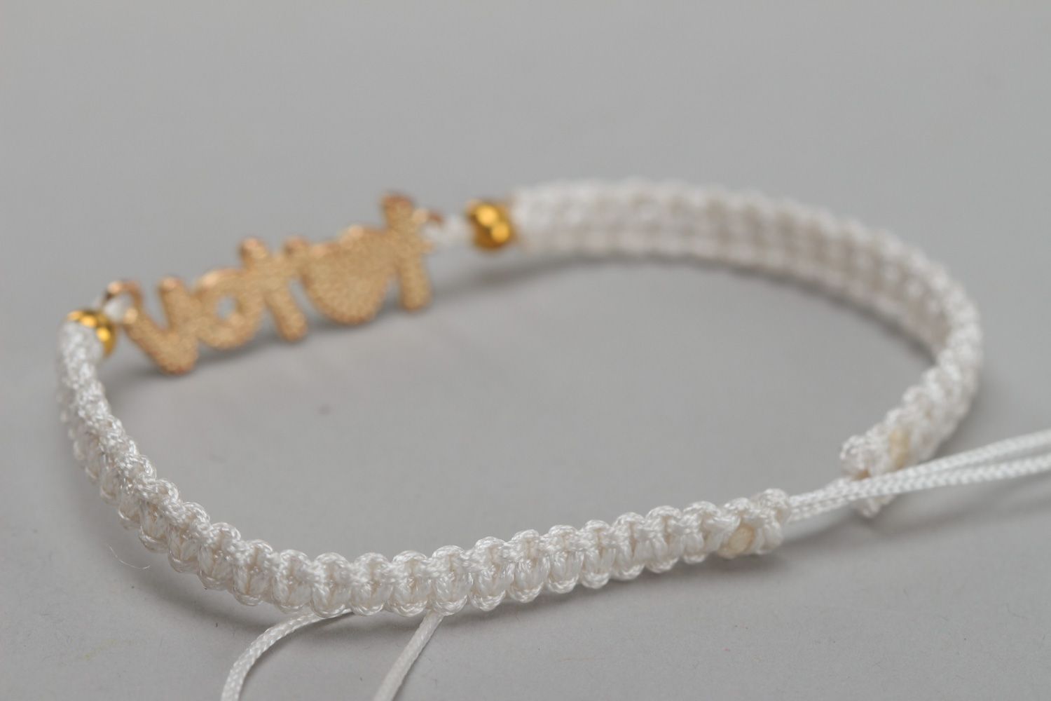 Handmade friendship bracelet woven of white waxed cord with lettering I love you  photo 4