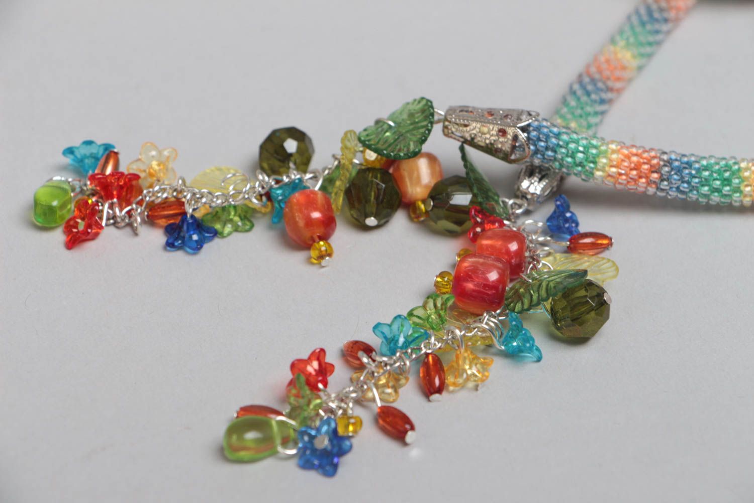 Handmade designer bead woven cord necklace with tender rainbow coloring   photo 4