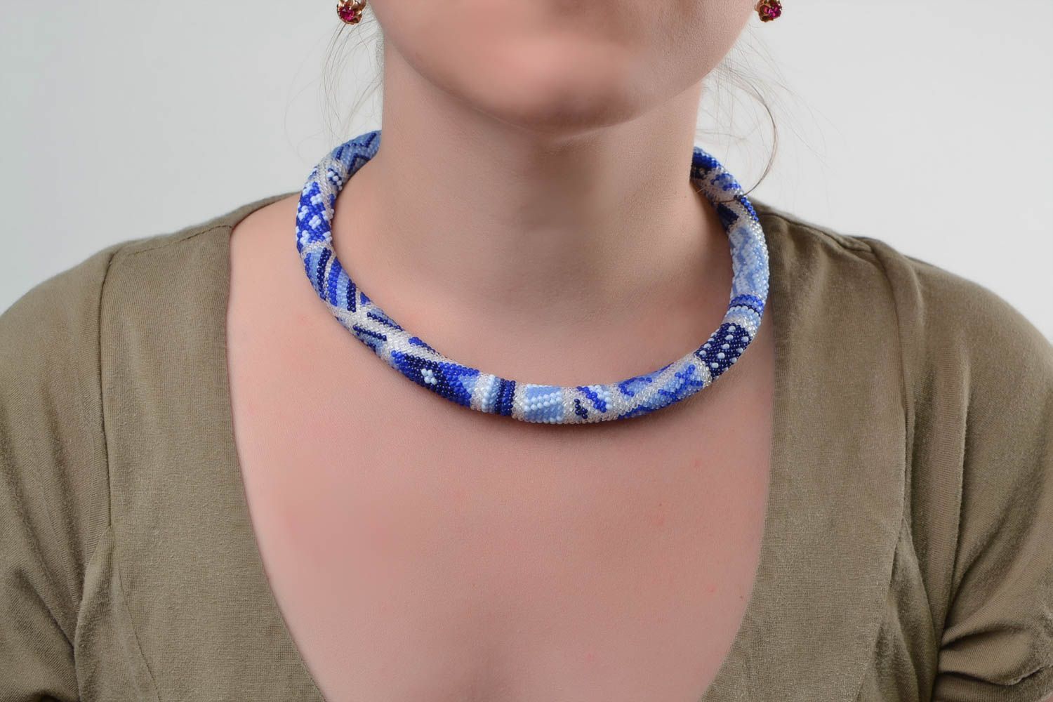 Beautiful blue handmade short beaded cord necklace designer women's jewelry photo 1
