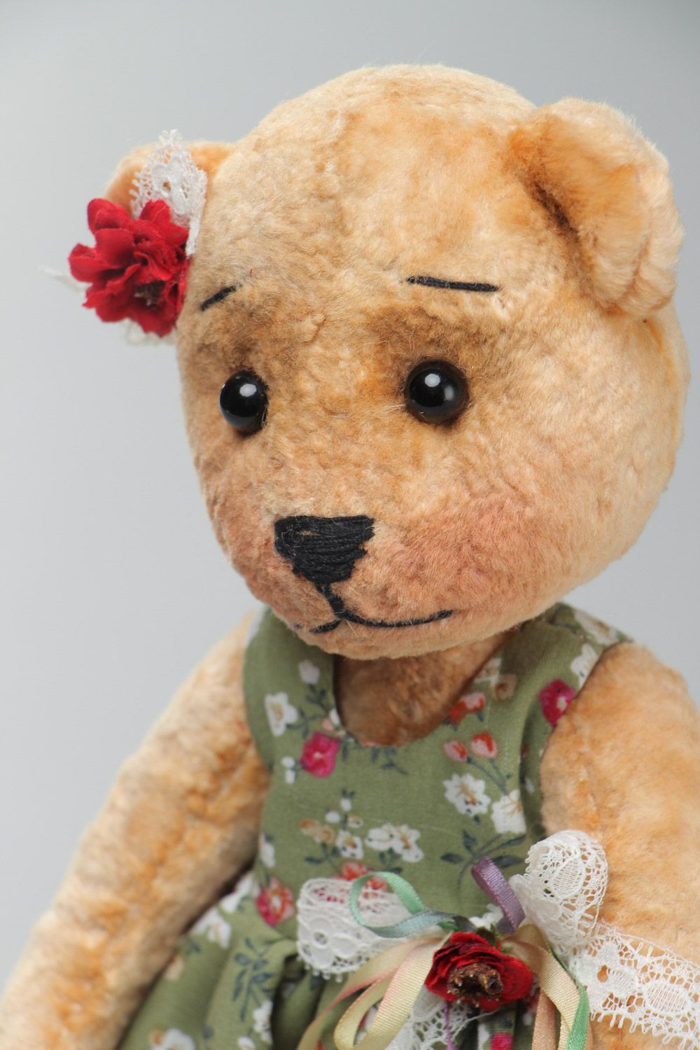Handmade soft plush toy bear girl in long dress with floral pattern for children photo 3