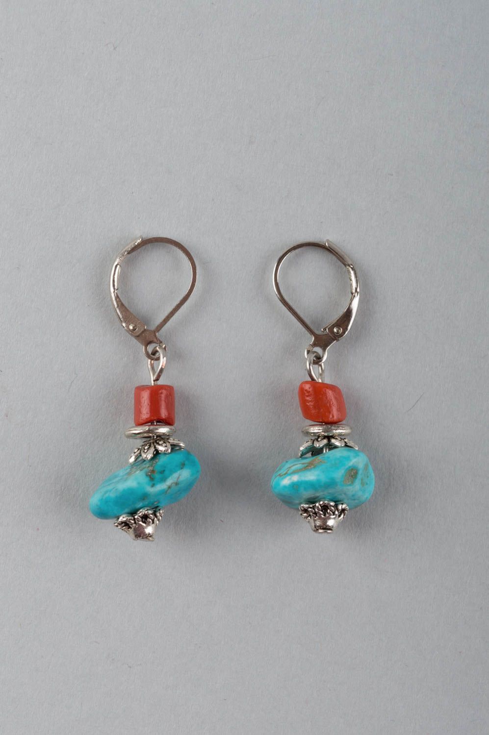 Small handmade designer brass earrings with turquoise and coral stone beads photo 2