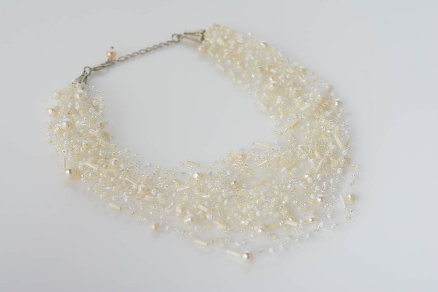 Handmade multi row beaded airy necklace designer white summer accessory photo 1