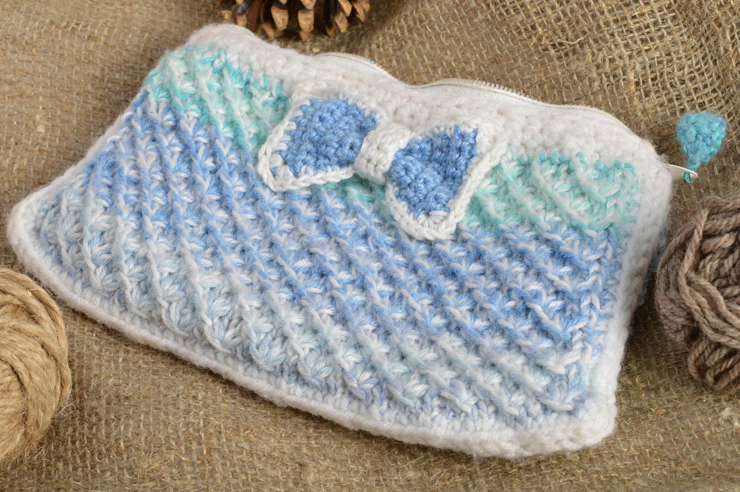 Beautiful handmade designer crochet beauty bag of light blue color with zipper photo 1
