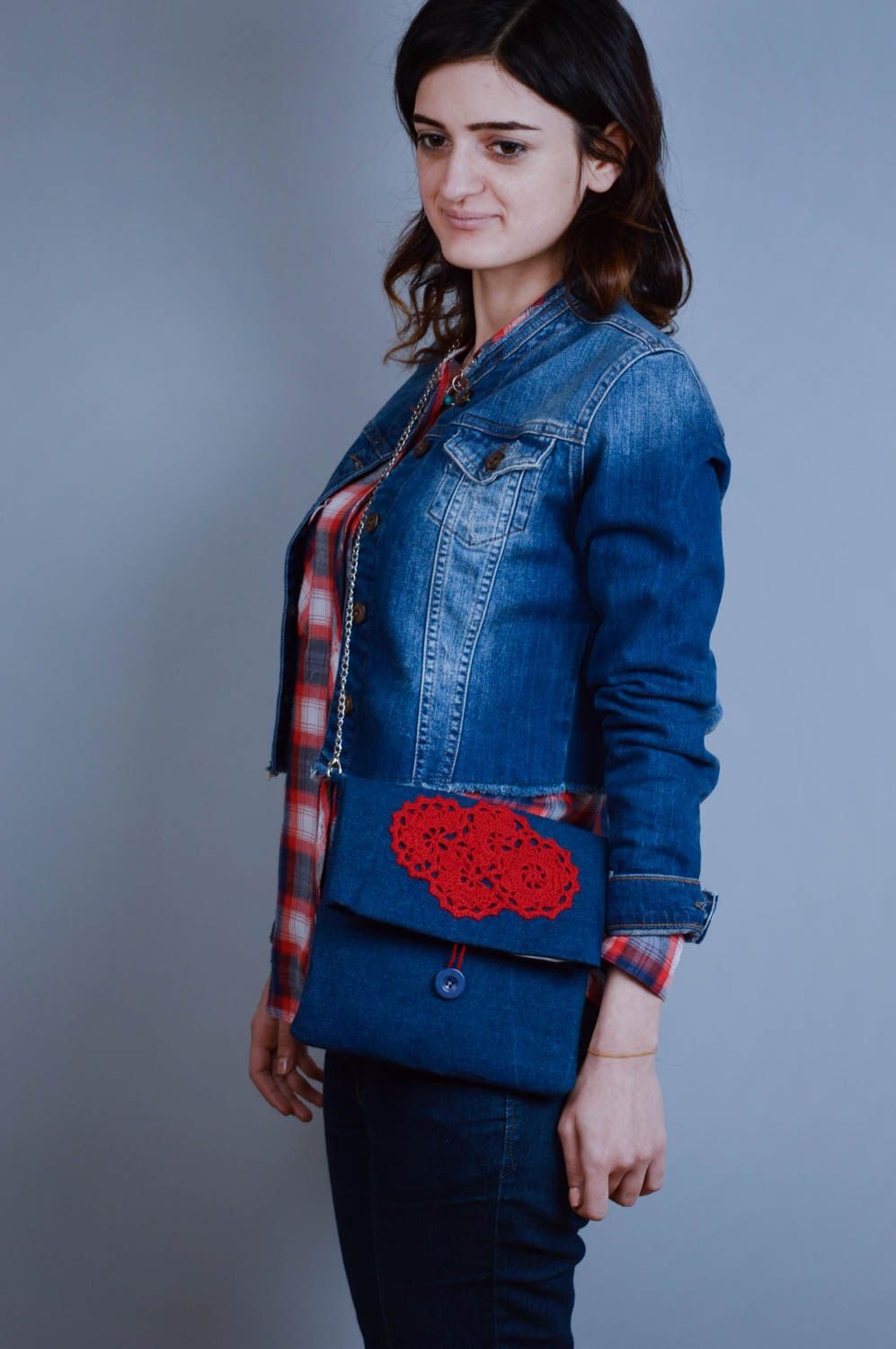 Handmade Stoff Umhängetasche Damen Accessoire Designer Tasche dunkelblau rot foto 1