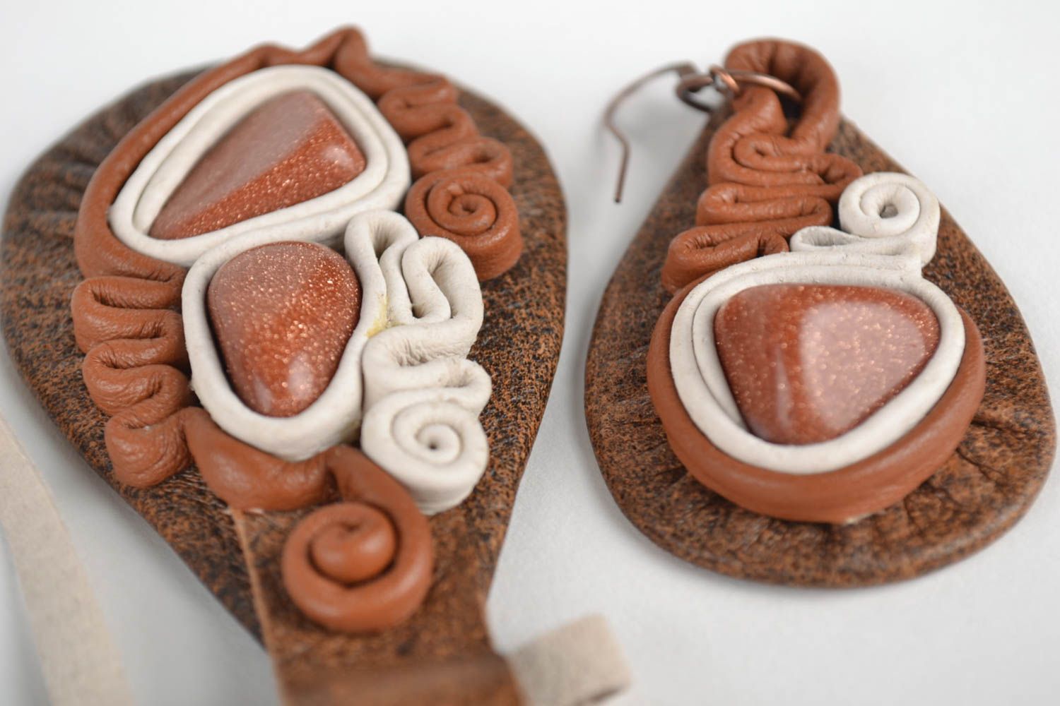 Damen Schmuck Set Handmade Anhänger Leder Ohrringe mit Naturstein originell foto 3
