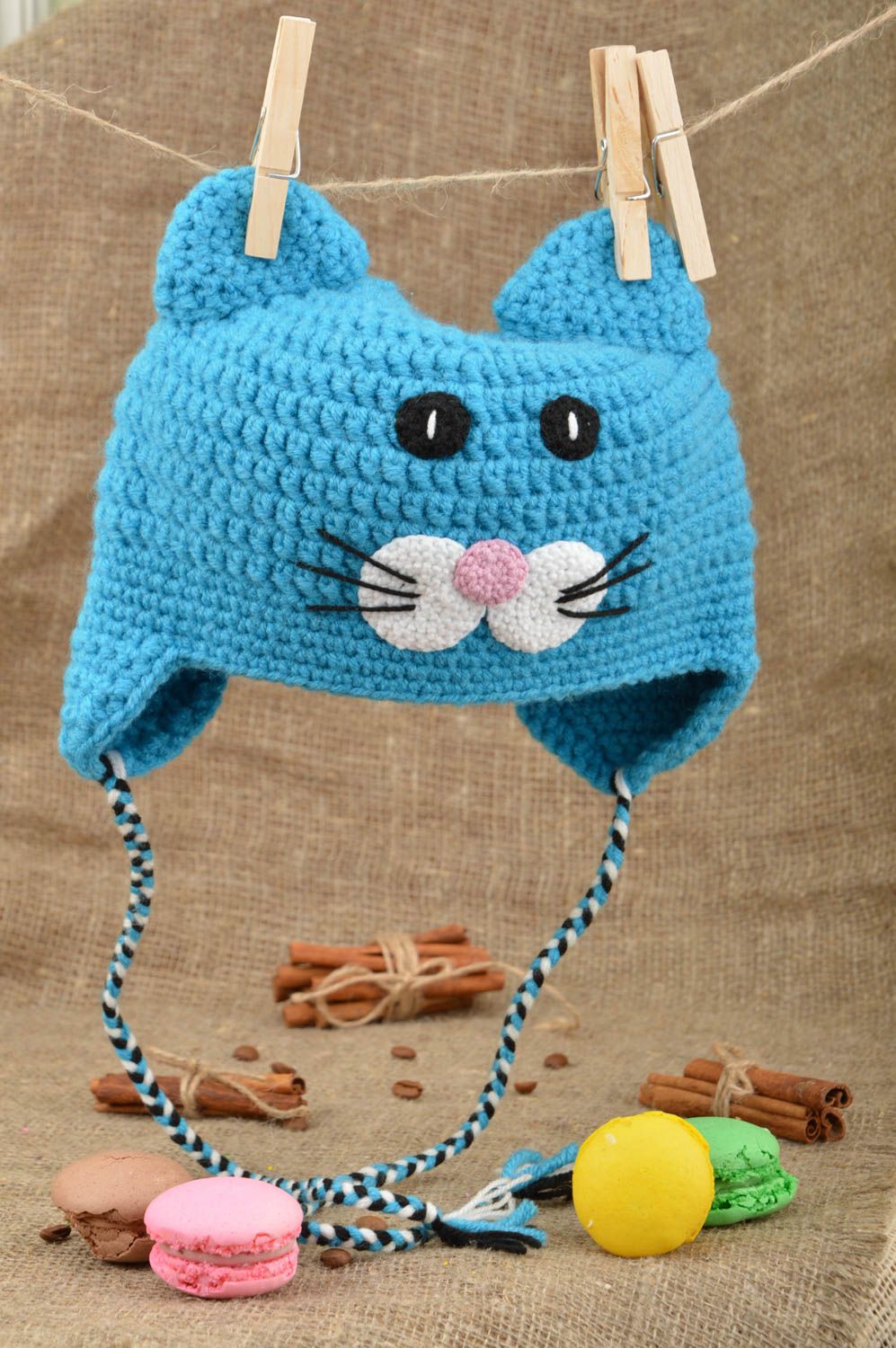 Handmade designer children's hat crocheted of blue cotton and woolen threads Cat photo 1