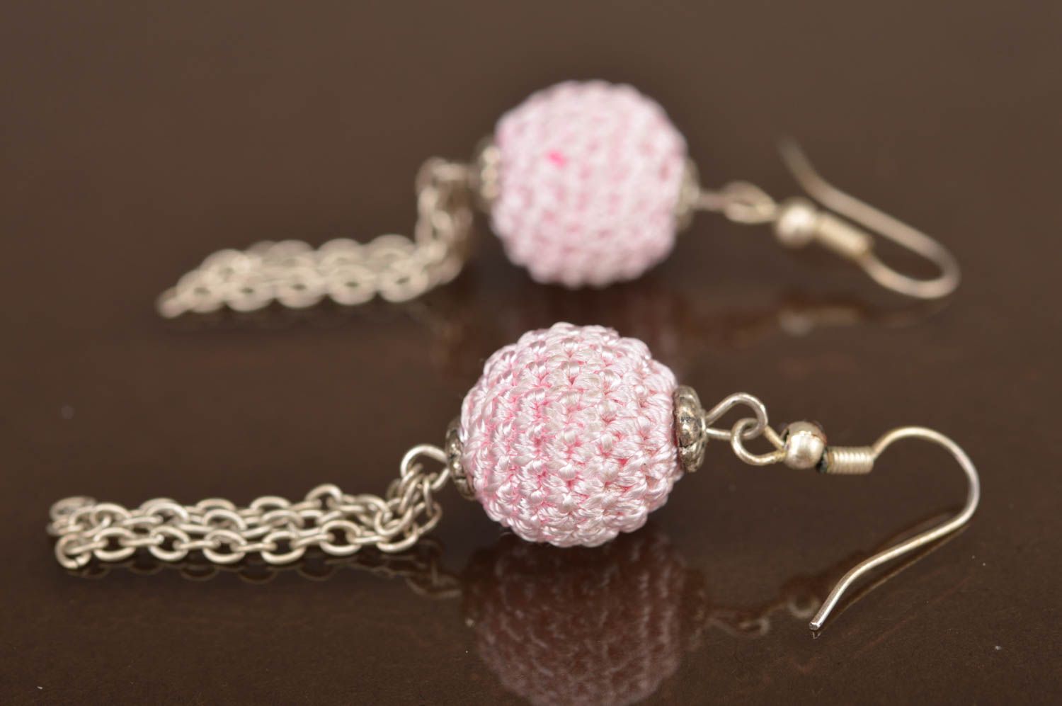 Handmade crocheted beaded earrings in pink color with charms and chains  photo 5