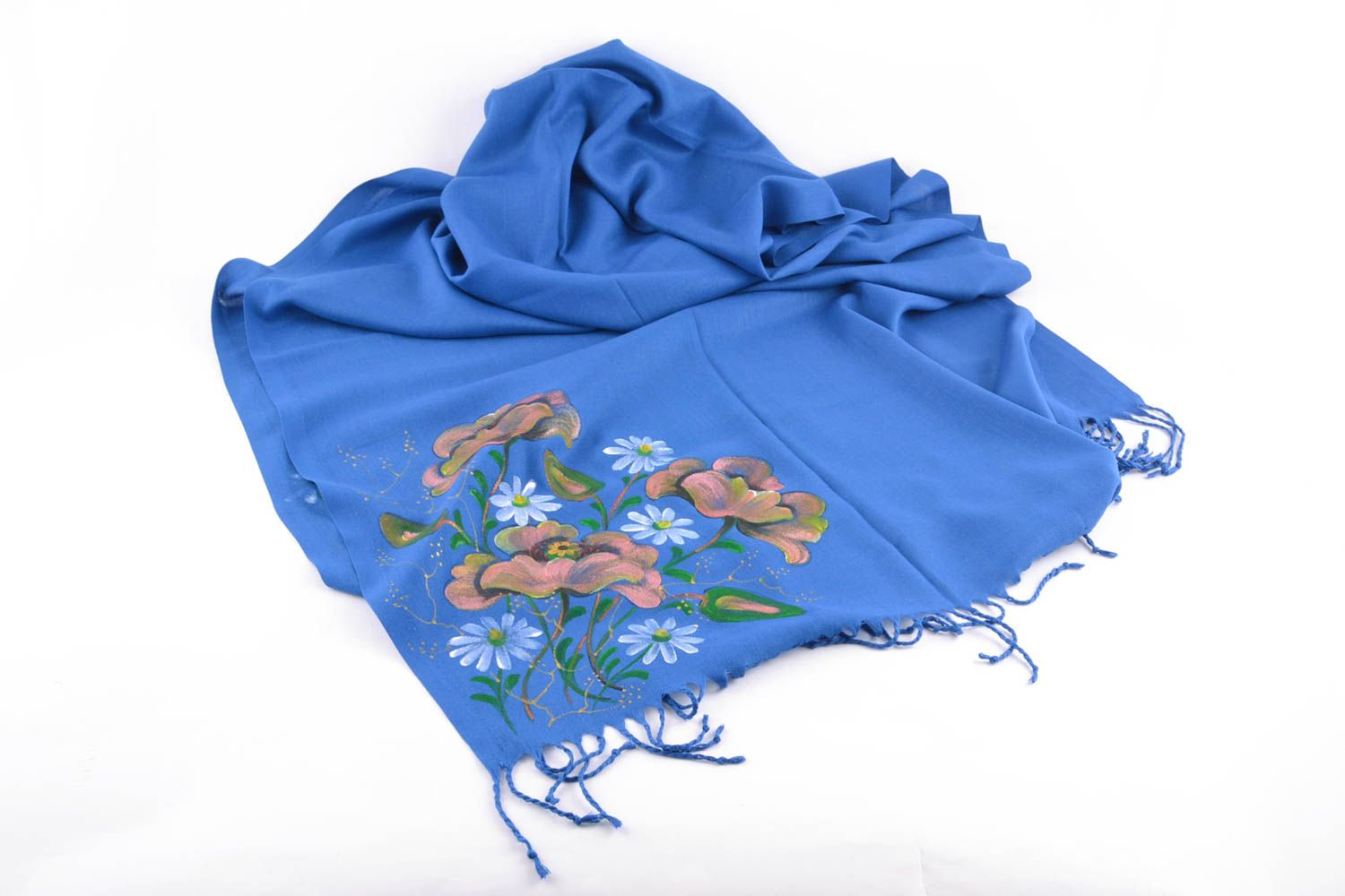 Красивый шарф с росписью из кашемира синий фото 2