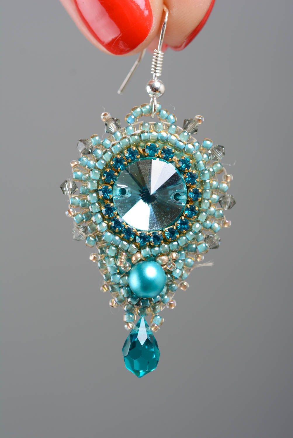 Handmade designer festive blue bead embroidered earrings with rhinestones photo 3