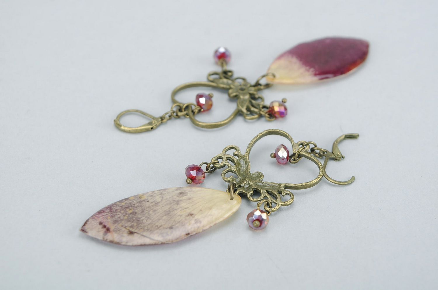 Earrings made from rose petals and crystal beads photo 2