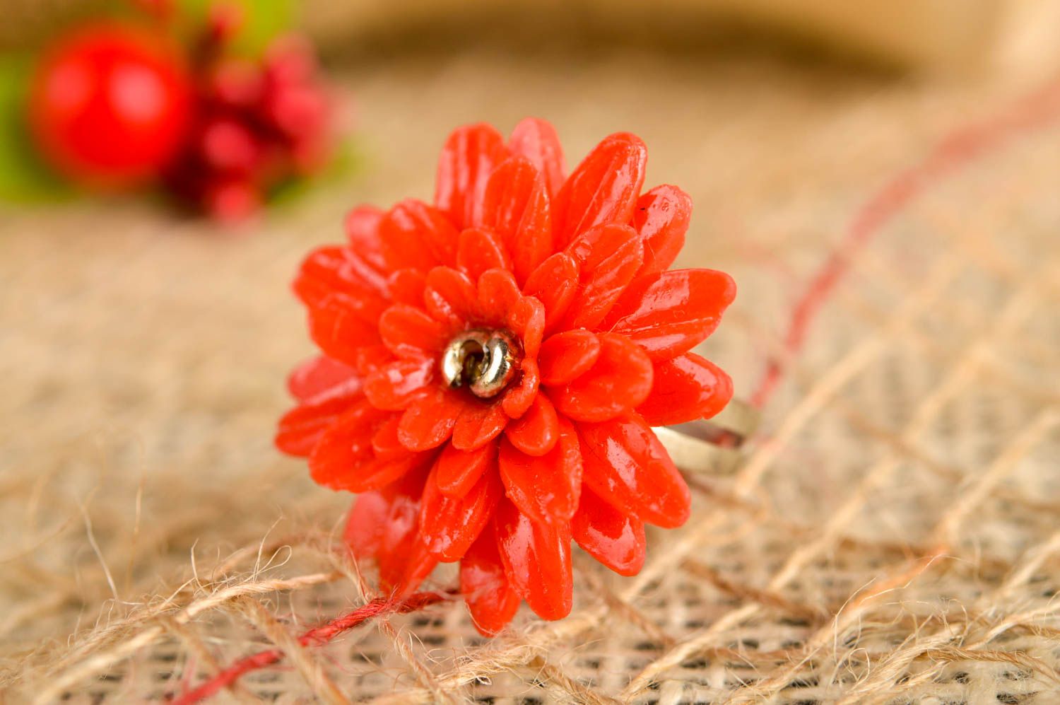 Bague fleur Bijou fait main orange pâte polymère taille réglable Cadeau femme photo 1