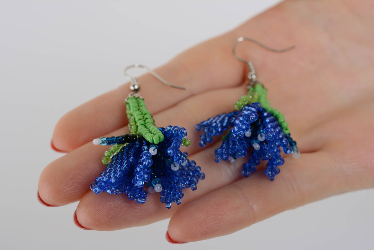 Beaded handmade earrings flowers blue with green beautiful summer accessory photo 4
