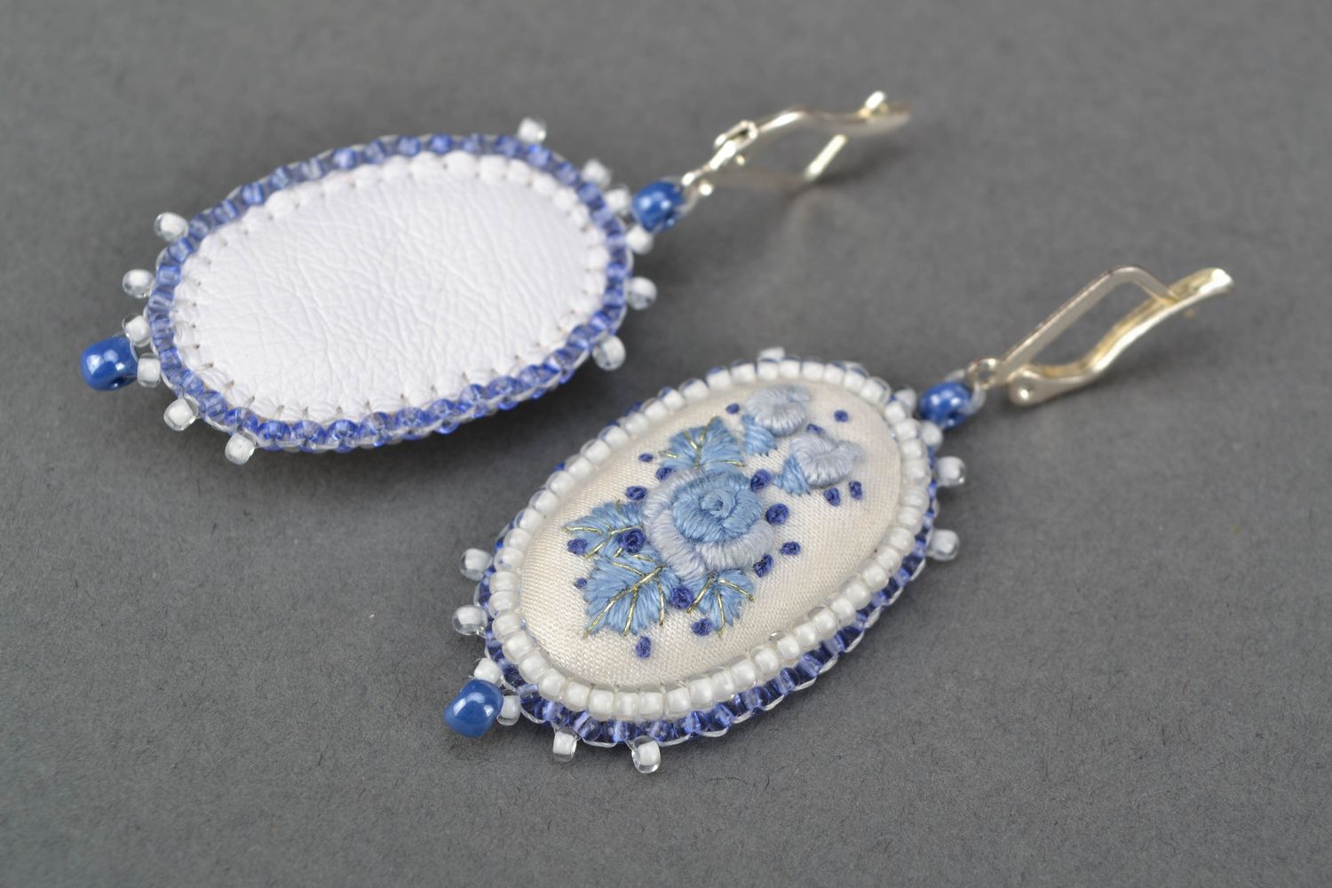 Satin stitch earrings with beads White and Blue photo 3
