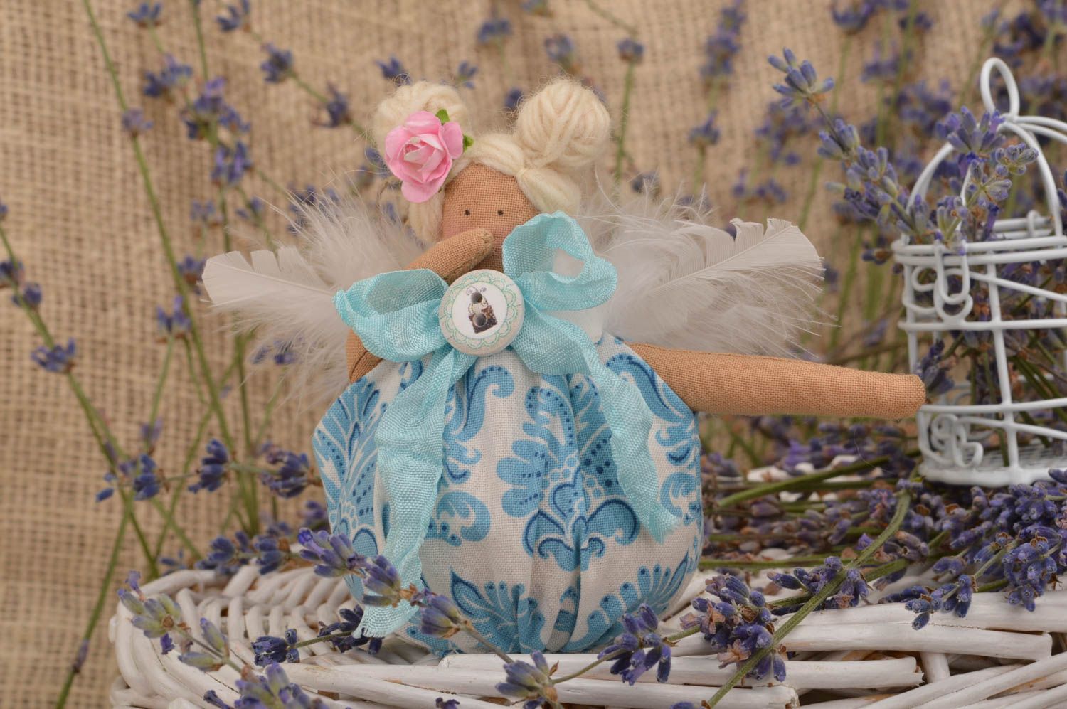 Игрушка кукла из ткани ангел с крыльями в голубом платье с перьями ручная работа фото 1