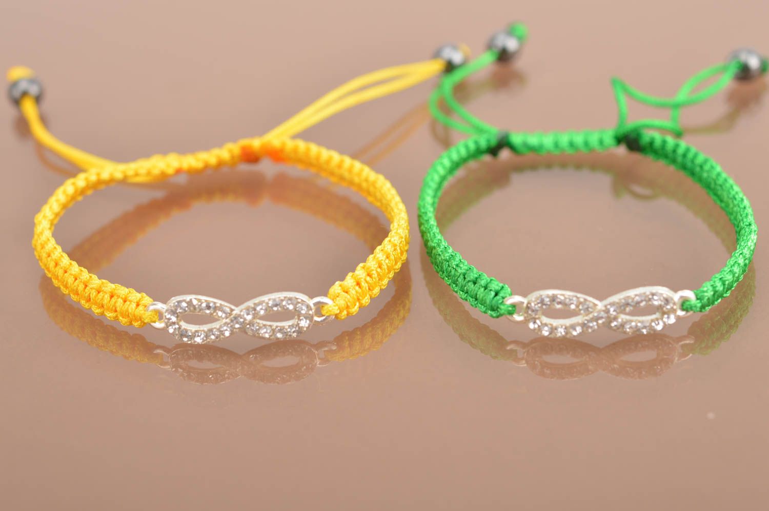 Set of handmade bracelets made of threads yellow and green 2 pieces for girls photo 2