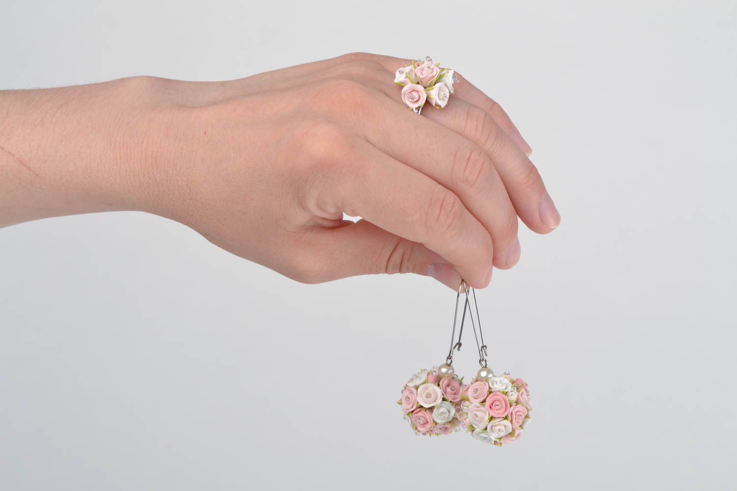 Beautiful stylish tender cute handmade pink polymer clay earrings and ring set  photo 2