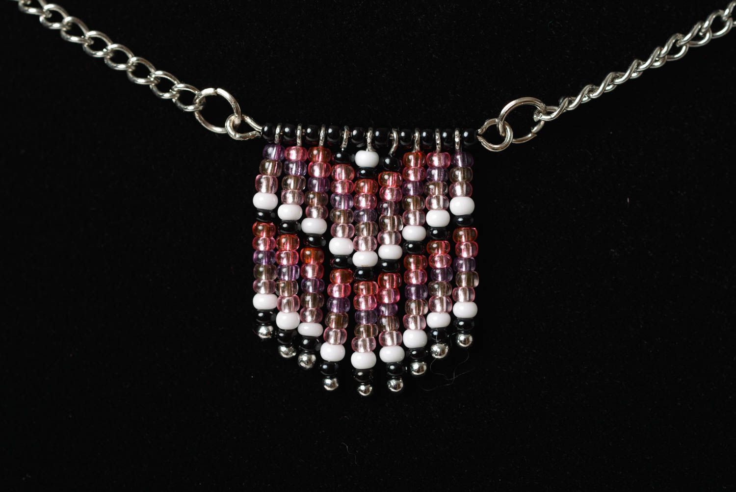 Handmade designer beaded fringe pendant necklace on metal chain violet photo 5