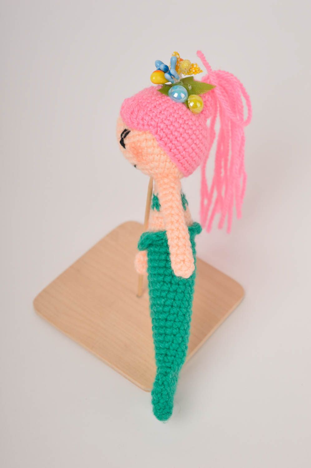 Little mermaid stuffed knitted toy in pink and green colors. 7 inches tall photo 3