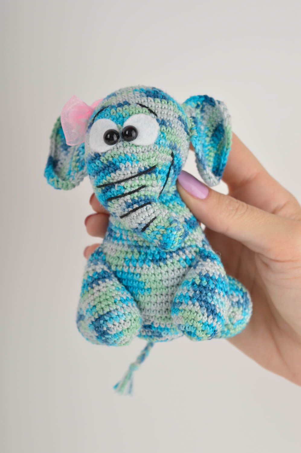 Knitted stuffed baby elephant toy in white and blue colors. 4 inches tall photo 5