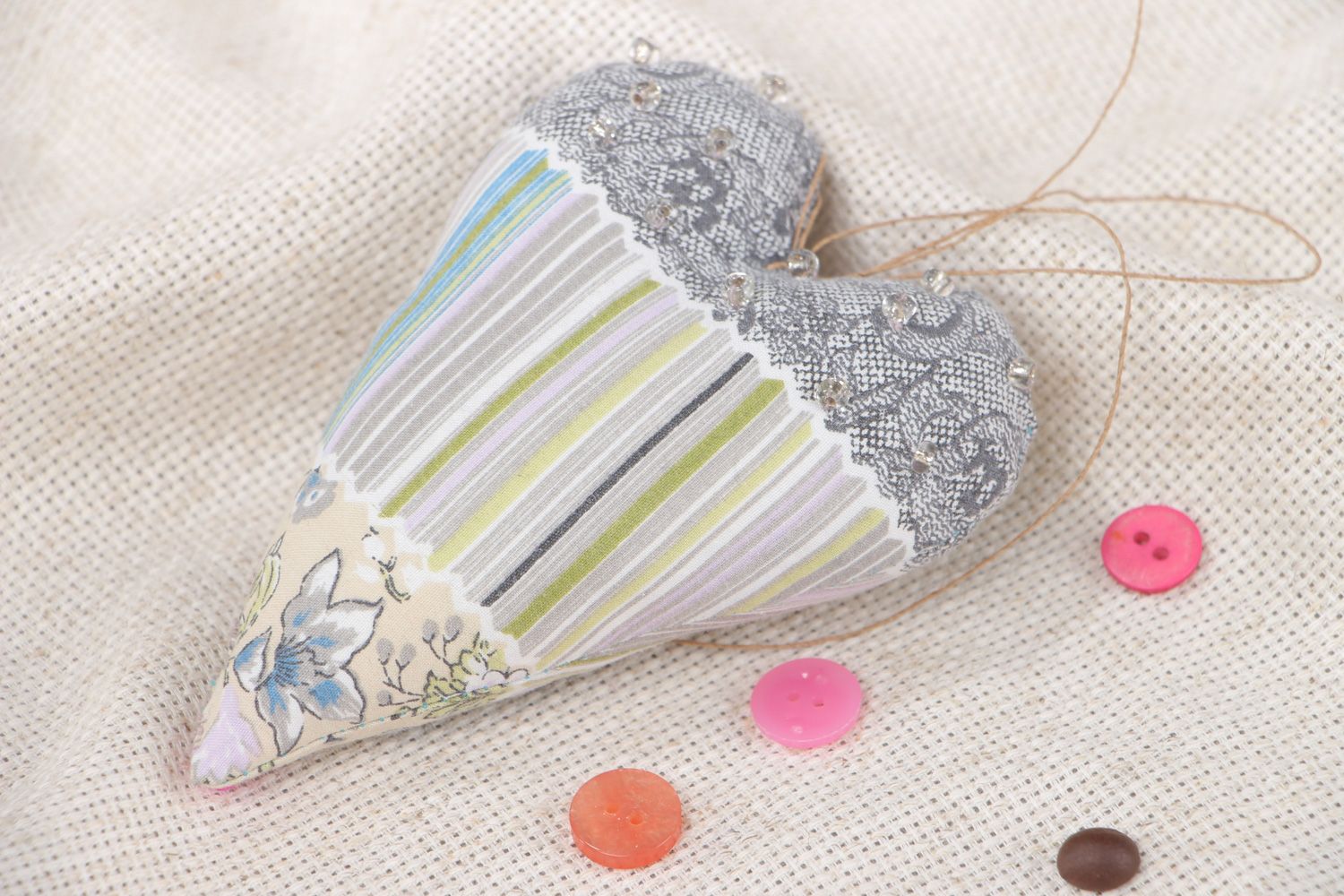 Handmade cotton fabric soft heart with eyelet interior pendant photo 5