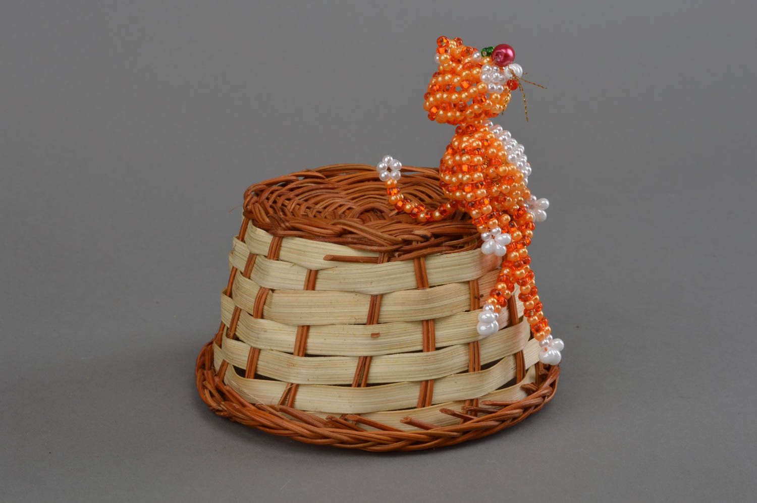 Unusual homemade designer woven bead statuette of orange cat miniature photo 3
