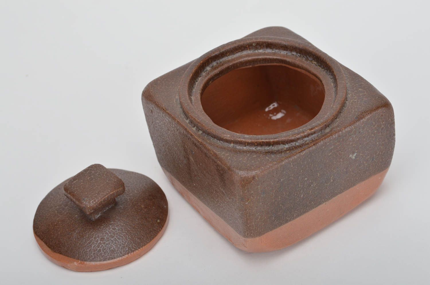 Beautiful cute unusual brown handmade ceramic sugar bowl with painting photo 2