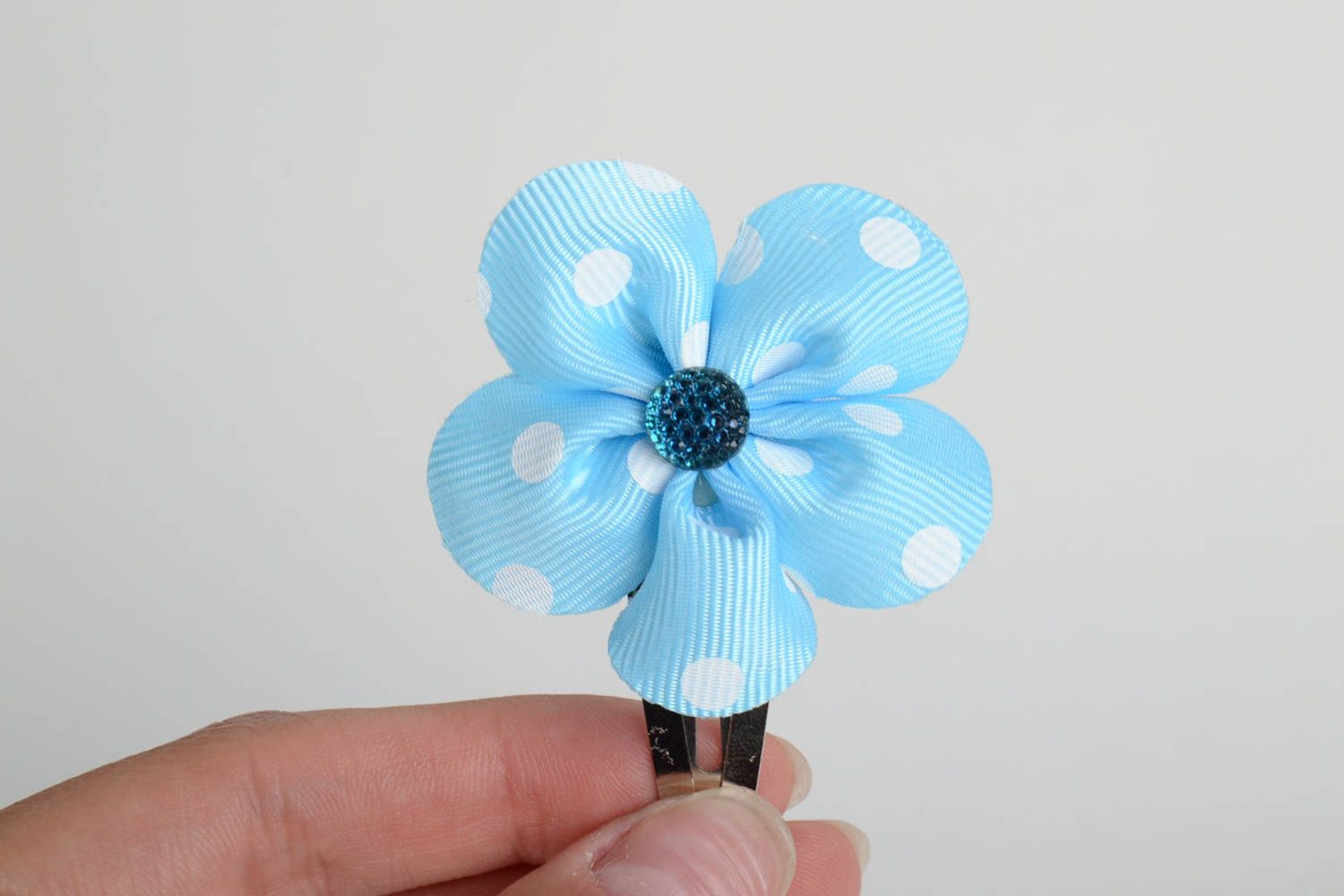Homemade small decorative hair clip with ribbon flower in blue color with dots photo 5
