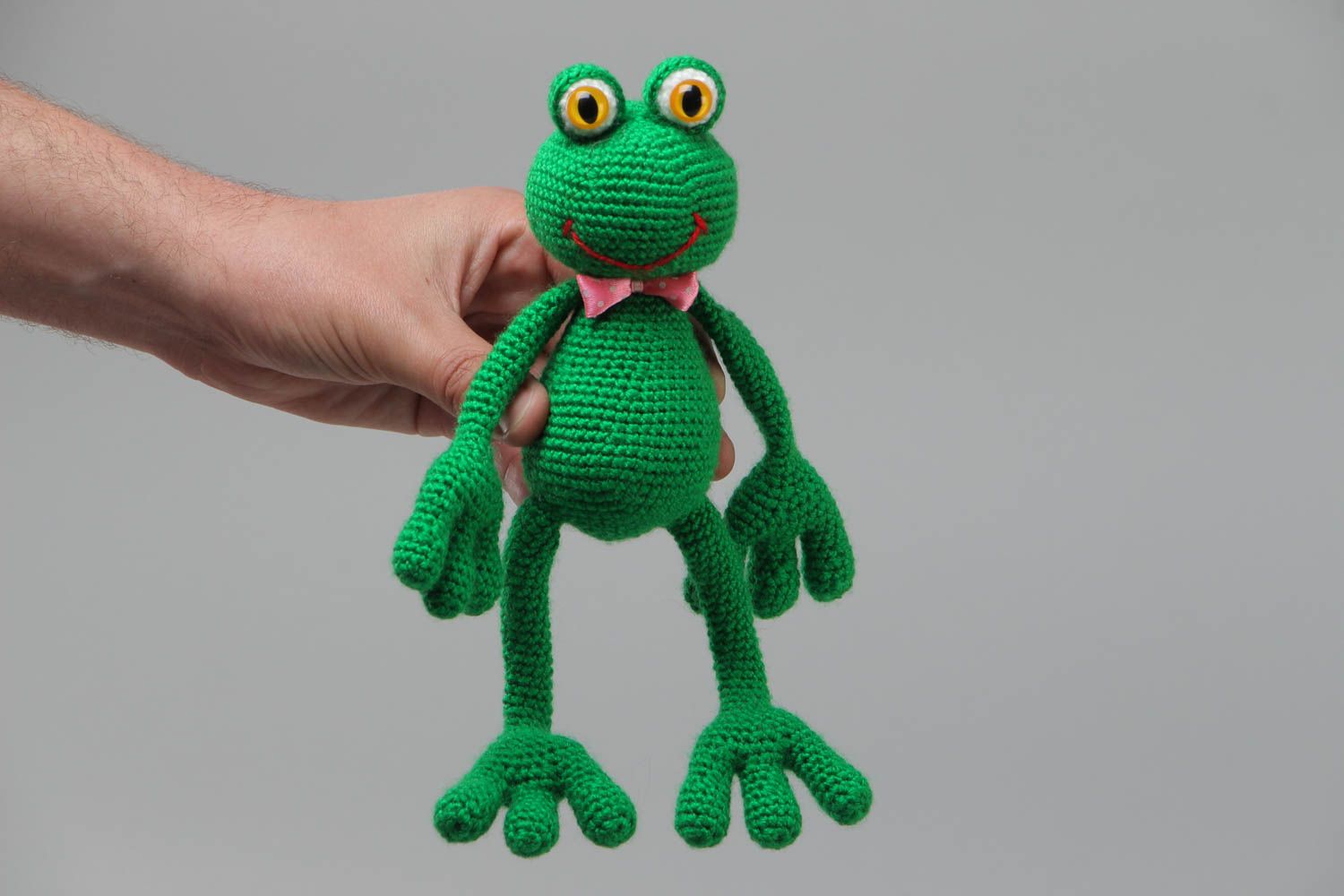 Handmade soft toy crocheted of acrylic threads bright green frog with bow tie photo 5