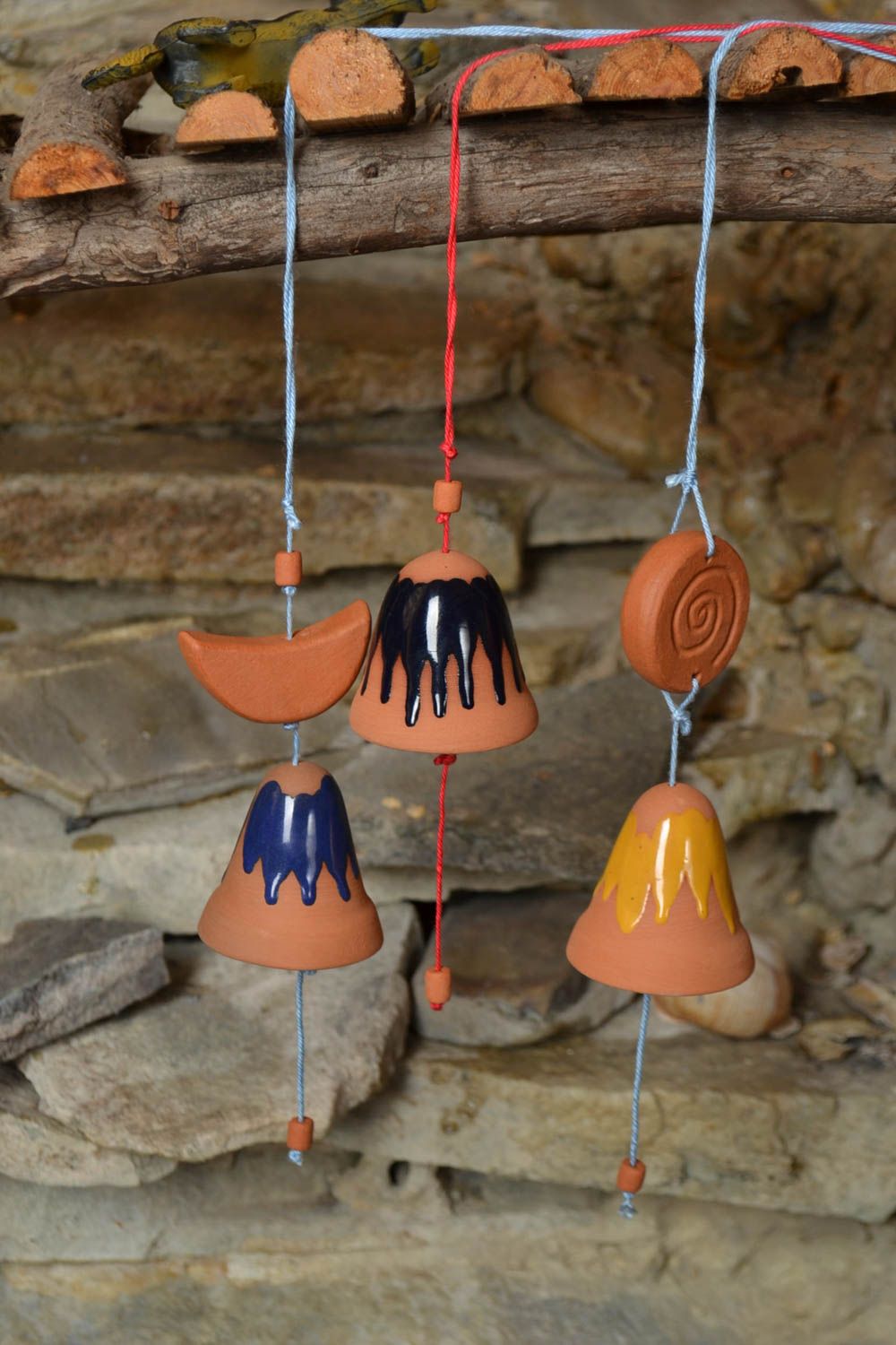 Set of handmade clay bells 3 pieces beautiful decorative interior pendants  photo 1