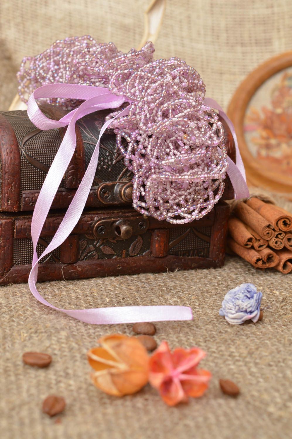 Beautiful handmade designer lilac beaded lace bracelet with ribbons photo 1